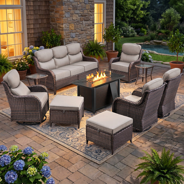Outdoor Patio Furniture Set Built for Year-Round Gatherings, Fire Pit Table, Swivel Chairs, 6 Inch Cushions