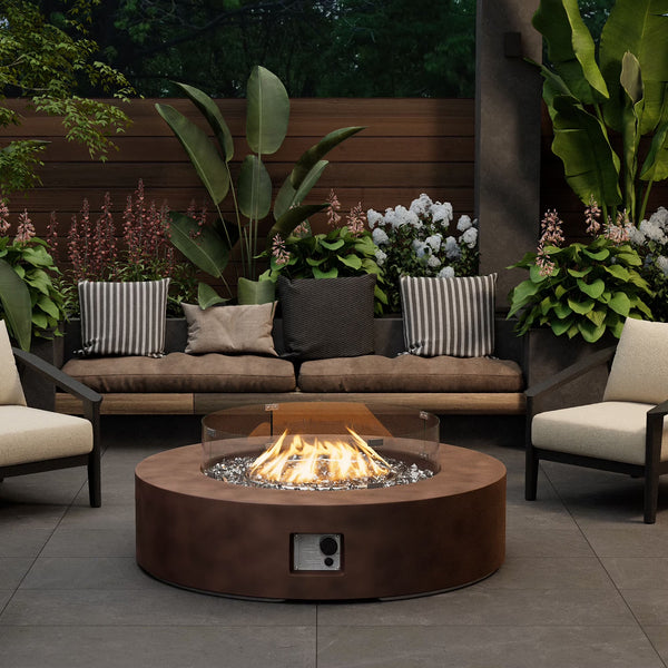 MGO Outdoor Propane Fire Pit Table with Wind Guard, Transparent Gray Fire Glass, Waterproof Cover for Garden, Backyard