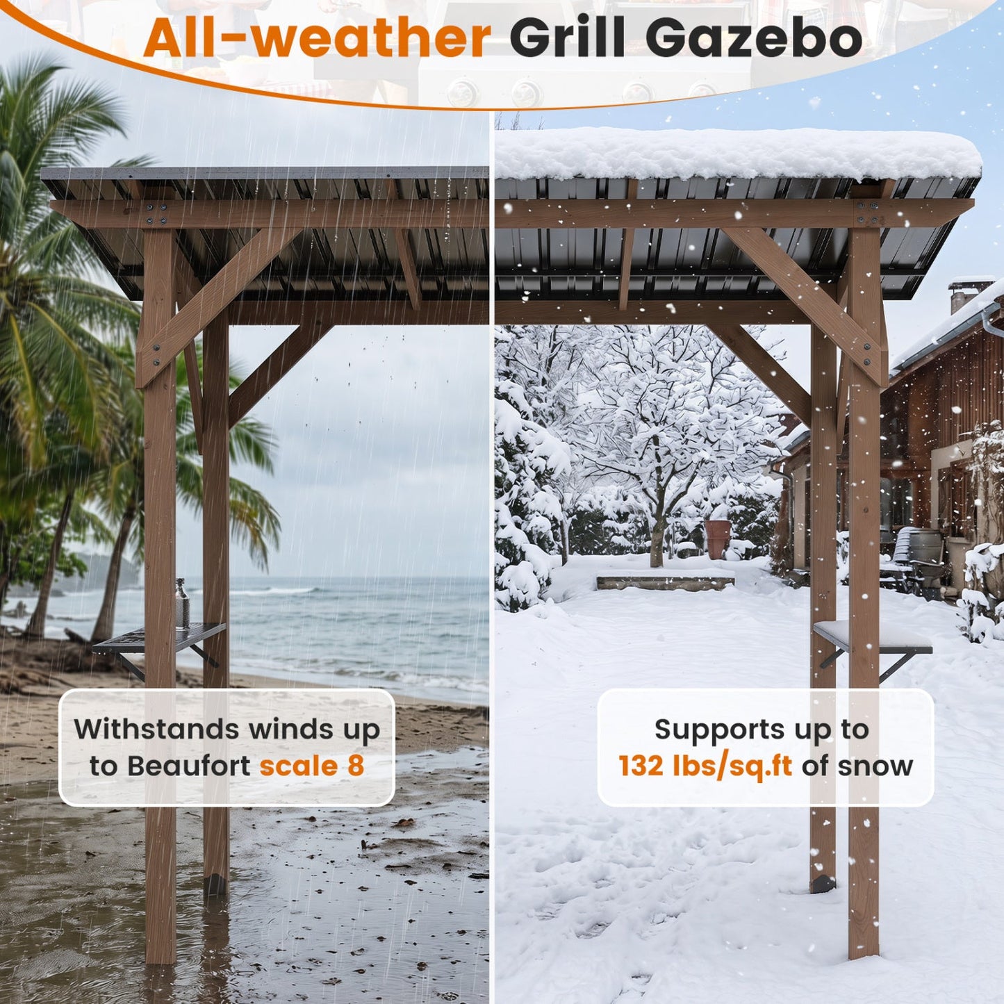 Grill Gazebo 8.6 x 5 FT Cedar Wood with Serving Shelves