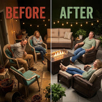 9-Piece Outdoor Patio Furniture Set with Fire Pit Table,Swivel Chairs and 6" Thick Cushions,Sectional Sofa and Ottomans,Patio Conversation Set for Porch Deck Garden Backyard — Before & After