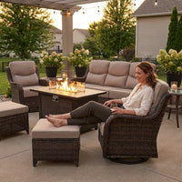 9-Piece Outdoor Patio Furniture Set with Fire Pit Table,Swivel Chairs and 6" Thick Cushions,Sectional Sofa and Ottomans,Patio Conversation Set for Porch Deck Garden Backyard — Lifestyle