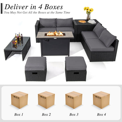9 Pieces Outdoor PE Rattan Wicker Sectional Sofa with 42 Inch 60 000 BTU Gas Fire Pit Table