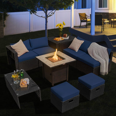 9 Pieces Outdoor PE Rattan Wicker Sectional Sofa with 42 Inch Gas Fire Pit Table