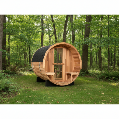 Blisspod, Prague, Canadian Red Cedar Outdoor Steam Barell Sauna, 2-4 / 4-6 persons with Full Glass Back & 2 front Porch seats