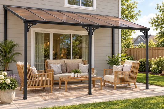 Wall-Mounted Patio Gazebo Large Outdoor Hardtop Pergola with Sloped Polycarbonate Roof-Black