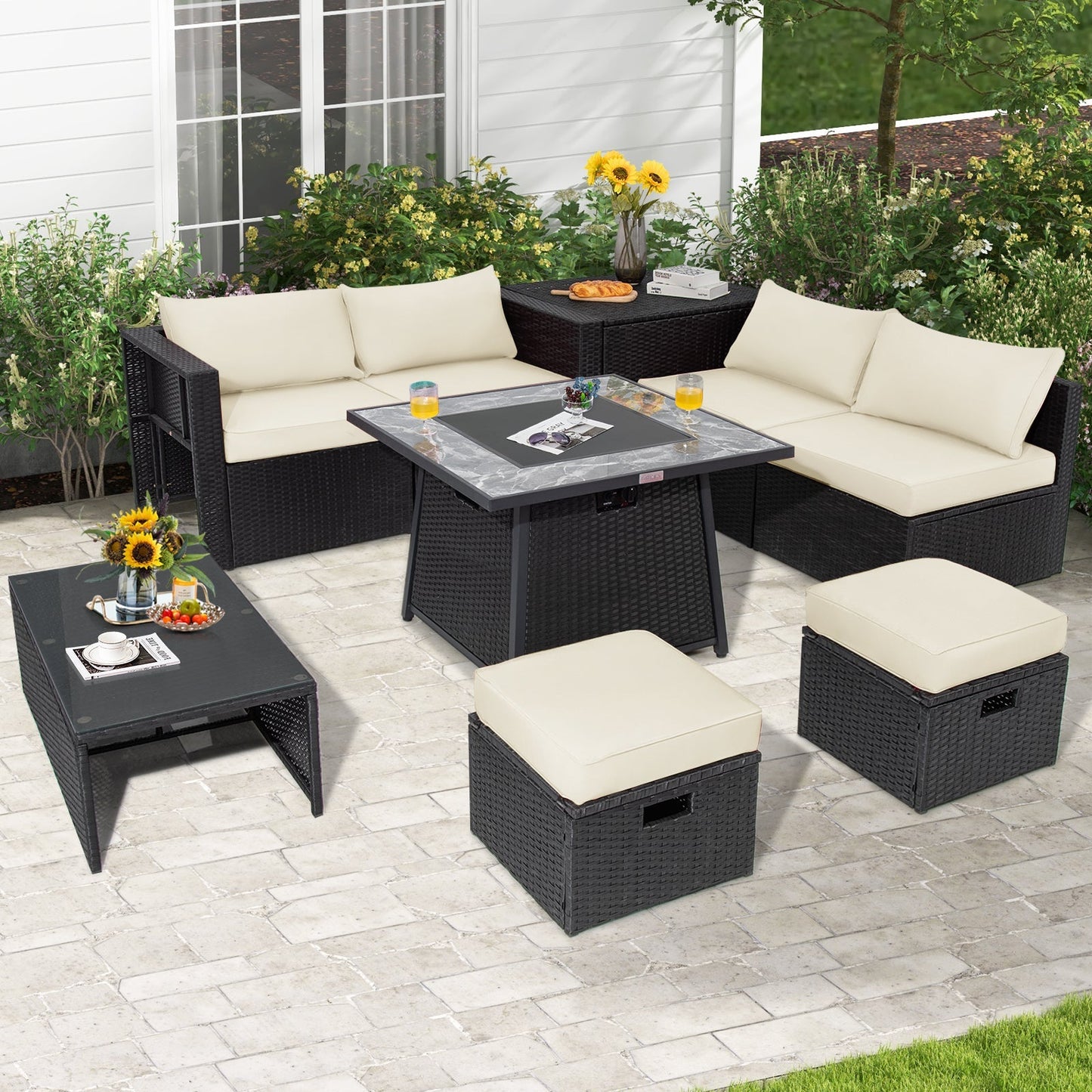 9 Pieces Outdoor Wicker Sectional with 35 Inch Gas Fire Pit Table