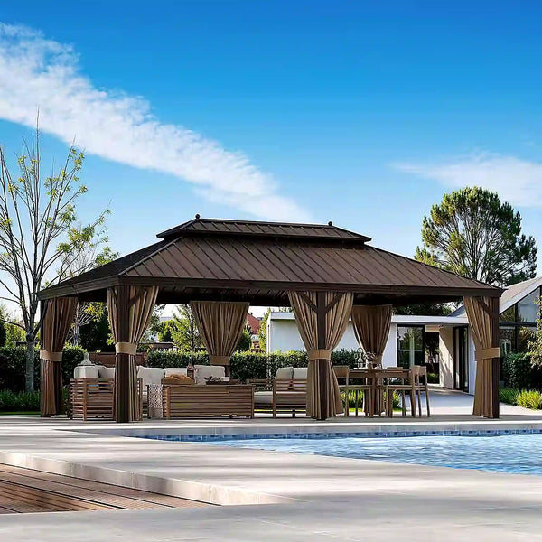 14 Ft. X 22 Ft. Double Galvanized Steel Roof Aluminum Frame Outdoor Patio Hardtop Gazeb with Netting and Curtains