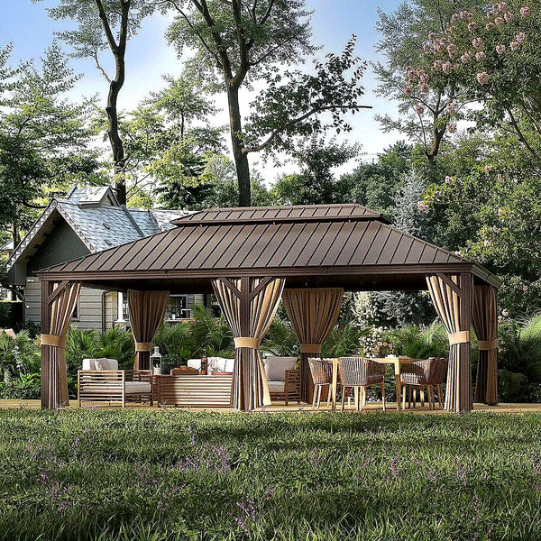 14 Ft. X 22 Ft. Double Galvanized Steel Roof Aluminum Frame Outdoor Patio Hardtop Gazeb with Netting and Curtains