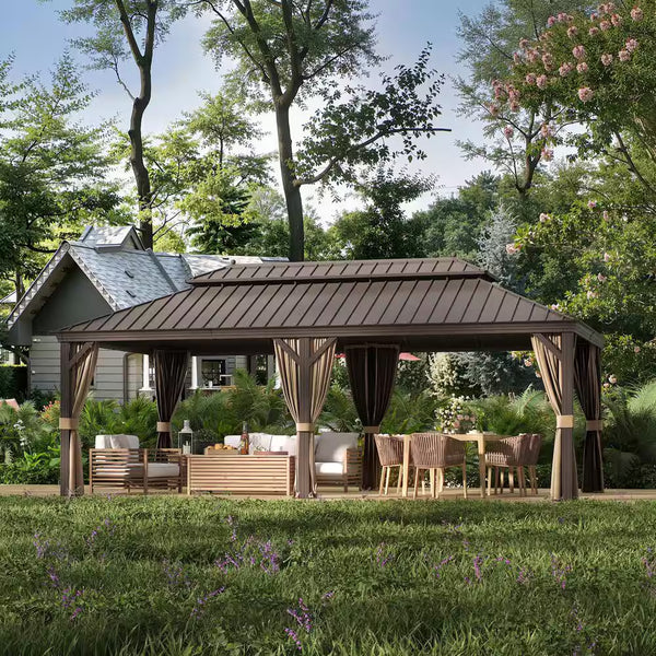 12 Ft. X 22 Ft. Double Galvanized Steel Roof Aluminum Frame Outdoor Patio Hardtop Gazebo with Netting and Curtains